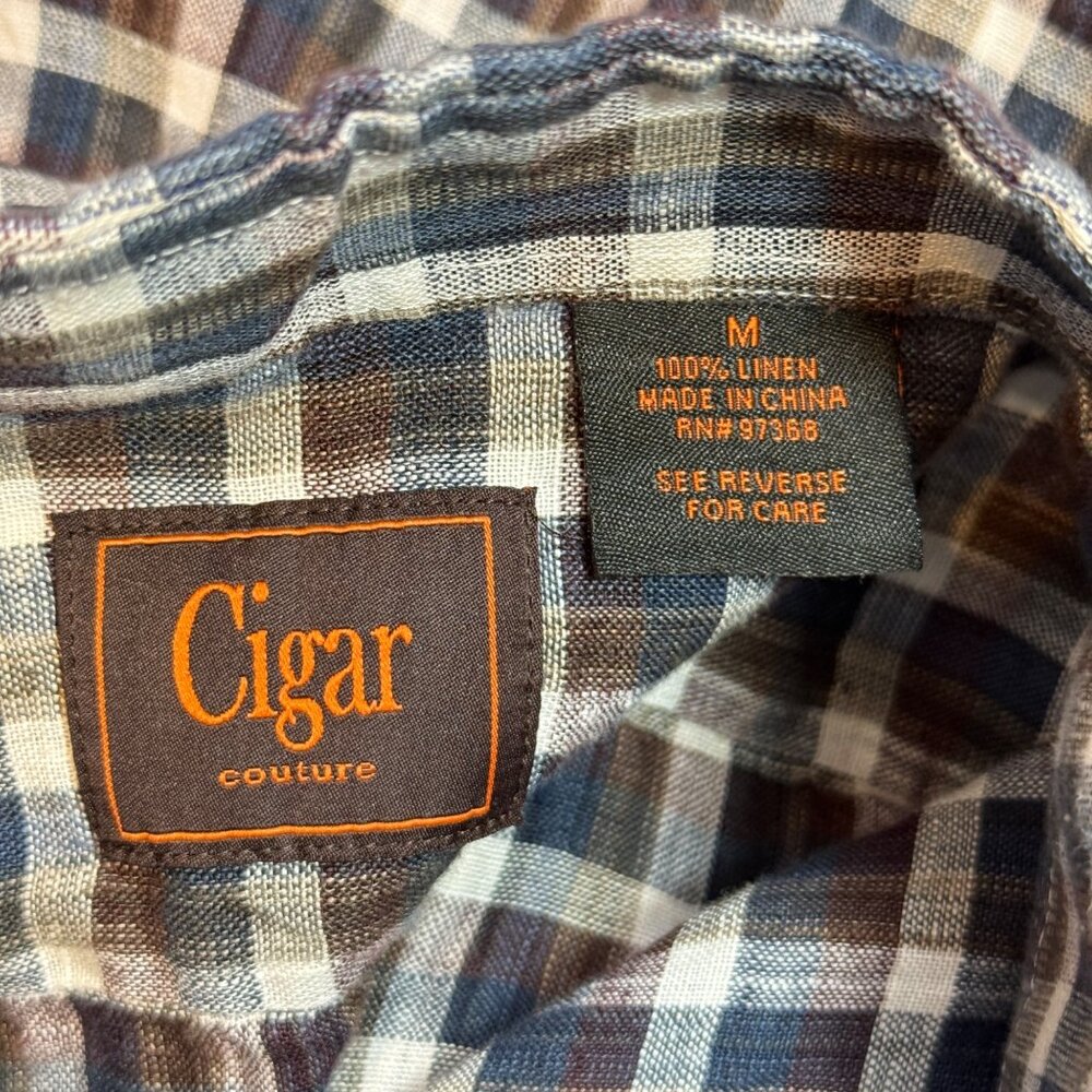 Cigar Couture Mens Medium Plaid Linen Button-Up Shirt Blue Brown Beige - Picture 3 of 8